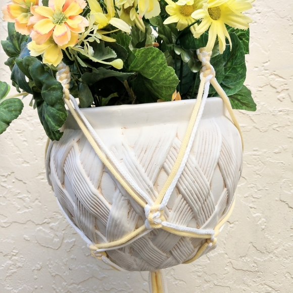 Hand Crafted Macrame Plant Hanger Yellow White Boho Terrarium Necessities - Picture 5 of 16